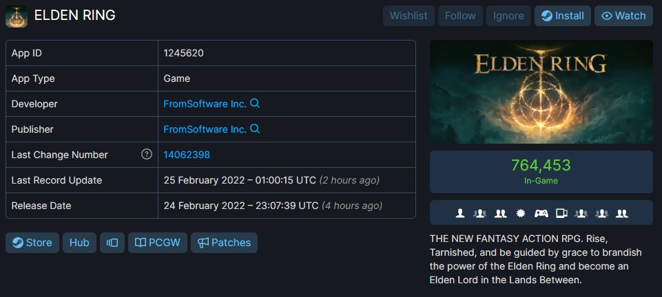 《艾尔登法环》正式上市，Steam游玩人数破75万历史第七